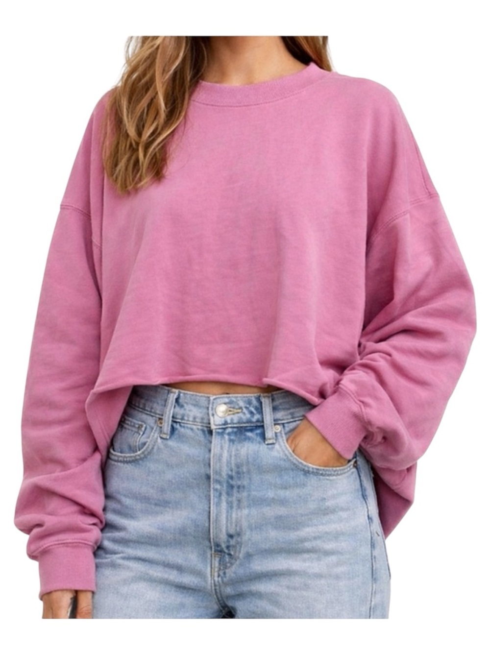 Poppy & Pine Pink Cropped Sweatshirt 100% Cotton Boxy Raw Hem Drop Shoulder S/M